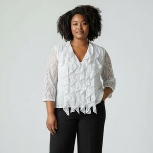 ASHRO‎ White Lace Ruffle Front 3/4 Sleeve Blouse Plus Size 26W Party Formal
